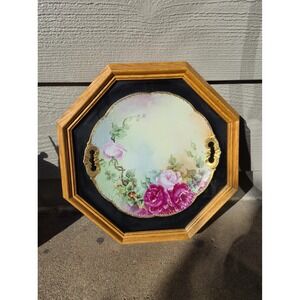 Vintage Hand Painted Rose Porcelain Plate Framed Wall Art Signed F.R.L Victorian